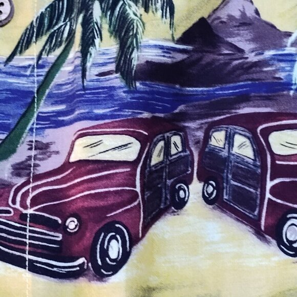 M. E.‎ Sport Hawaiian Style Shirt Small Yellow Woody's Auto & Palm Trees - Picture 4 of 6